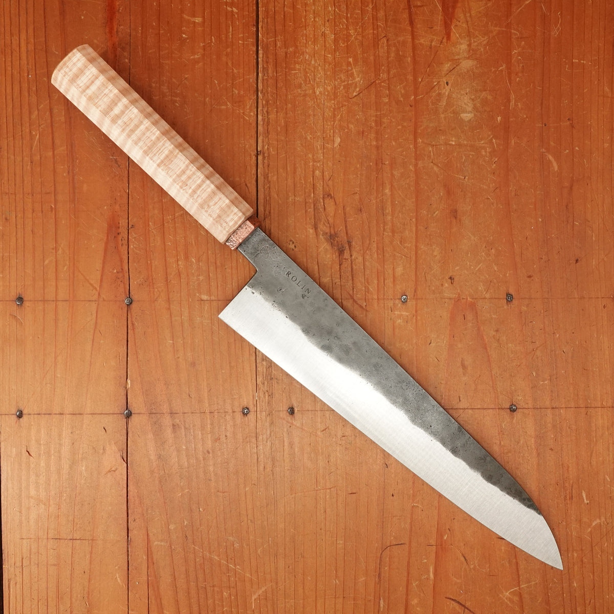 Rolin Knives 225mm Gyuto 52100 Kurouchi Stabilized Curly Maple Copper
