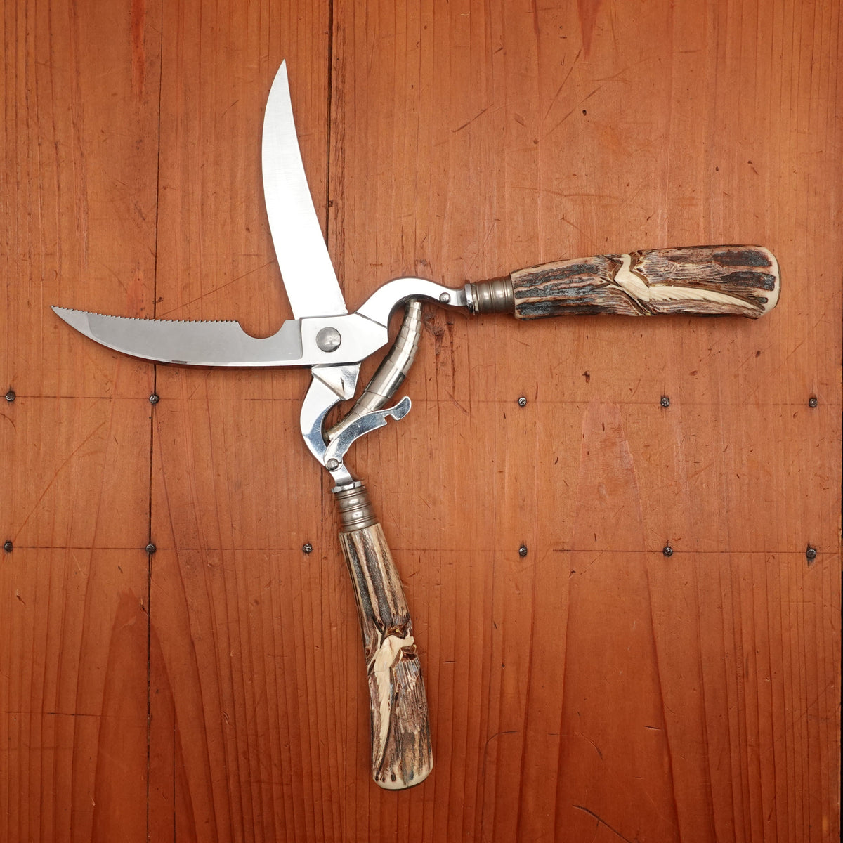 Walter Willms Carving Set Stainless & Carved Stag Solingen 1960-70s - 5 Pieces