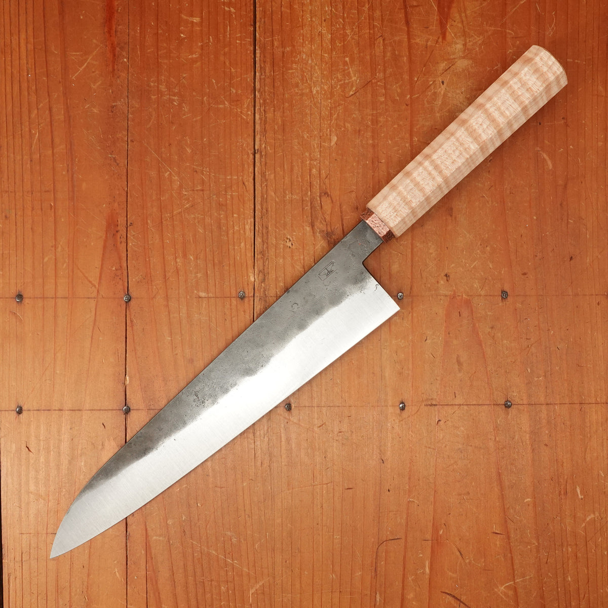 Rolin Knives 225mm Gyuto 52100 Kurouchi Stabilized Curly Maple Copper