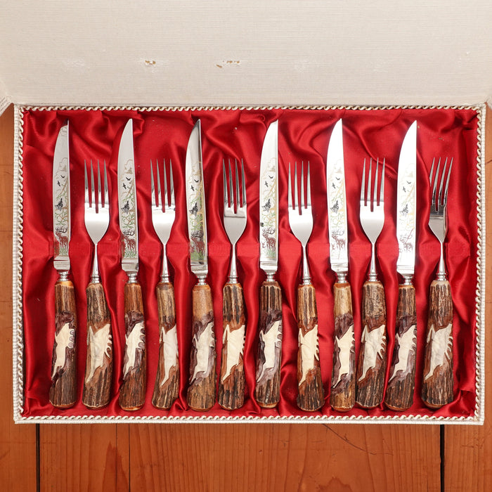 New Old Stock Anton Wingen Jr Steak Knife & Fork Set Forged Stainless & Carved Stag Solingen 1960-70s - 12 Pieces