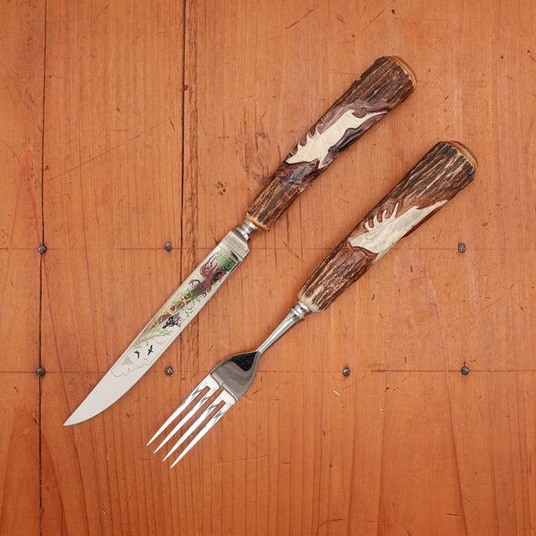 New Old Stock Anton Wingen Jr Steak Knife & Fork Set Forged Stainless & Carved Stag Solingen 1960-70s - 12 Pieces