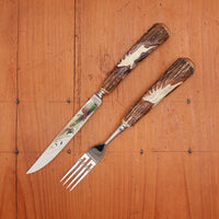 Anton Wingen Jr New Old Stock Steak Knife & Fork Set Forged Stainless & Carved Stag Solingen 1960-70s