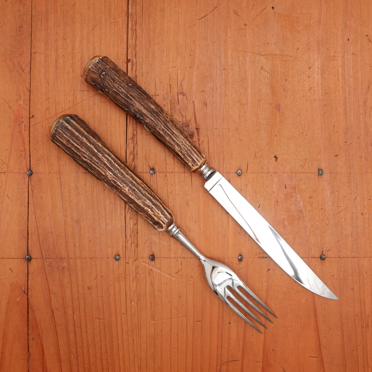 Anton Wingen Jr New Old Stock Steak Knife & Fork Set Forged Stainless & Carved Stag Solingen 1960-70s