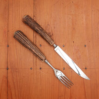 Anton Wingen Jr New Old Stock Steak Knife & Fork Set Forged Stainless & Carved Stag Solingen 1960-70s
