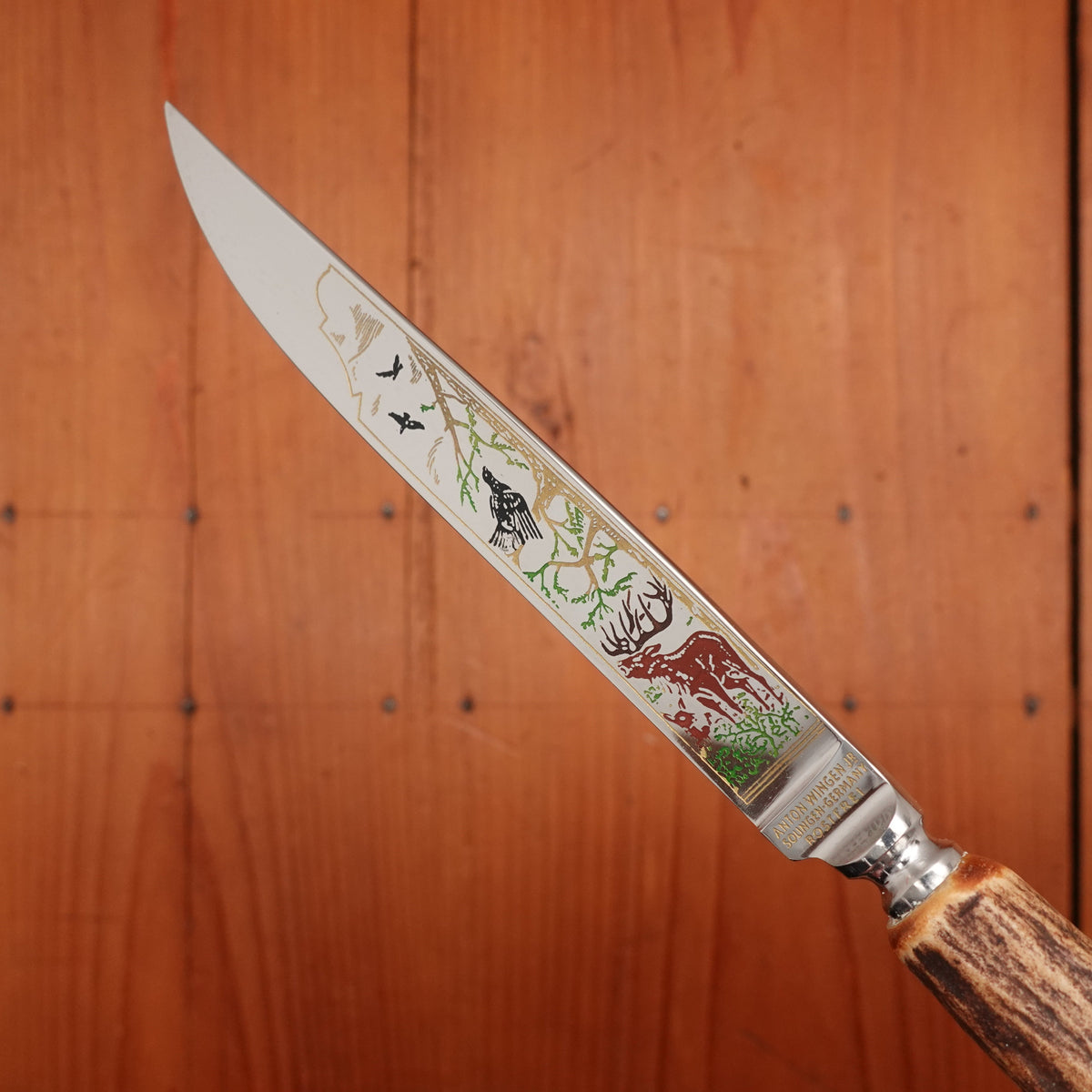 Anton Wingen Jr New Old Stock Steak Knife & Fork Set Forged Stainless & Carved Stag Solingen 1960-70s
