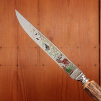 Anton Wingen Jr New Old Stock Steak Knife & Fork Set Forged Stainless & Carved Stag Solingen 1960-70s