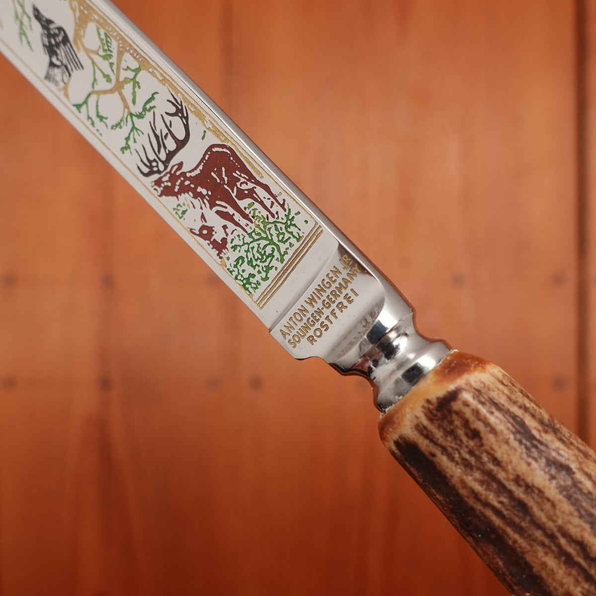 Anton Wingen Jr New Old Stock Steak Knife & Fork Set Forged Stainless & Carved Stag Solingen 1960-70s