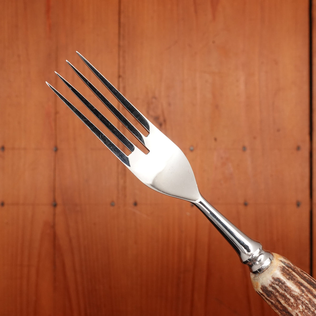 Anton Wingen Jr New Old Stock Steak Knife & Fork Set Forged Stainless & Carved Stag Solingen 1960-70s