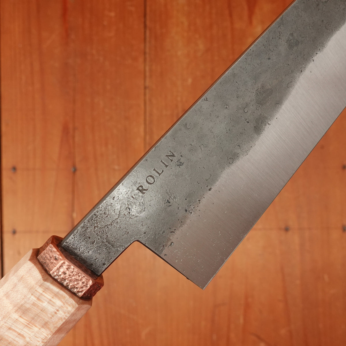 Rolin Knives 225mm Gyuto 52100 Kurouchi Stabilized Curly Maple Copper