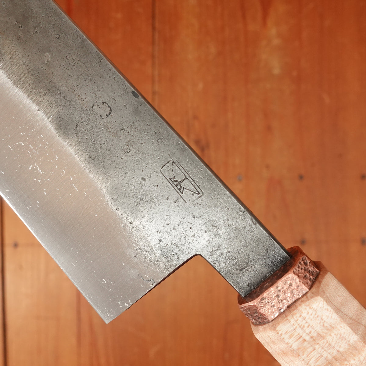Rolin Knives 225mm Gyuto 52100 Kurouchi Stabilized Curly Maple Copper