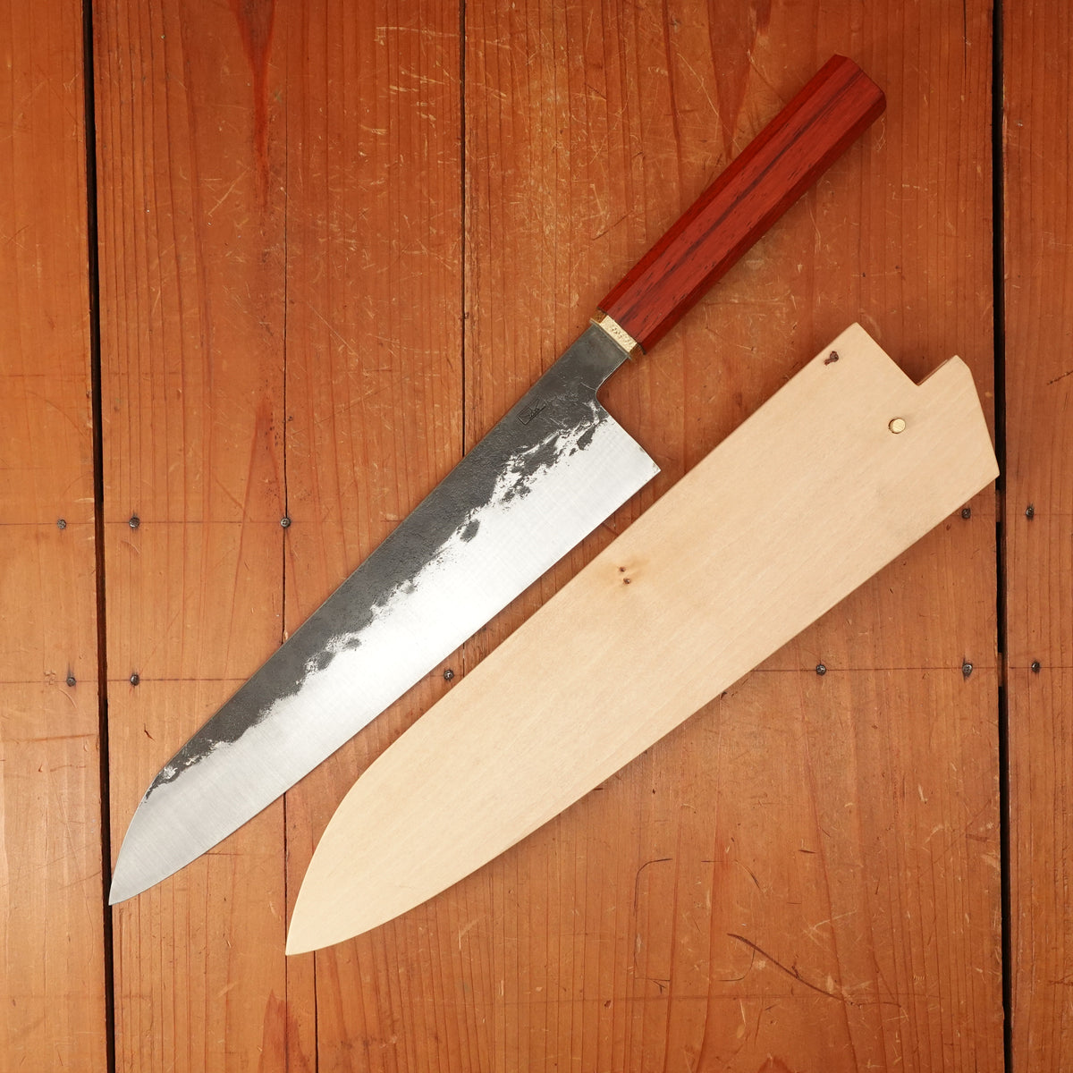 Rolin Knives 260mm Gyuto AEB-L Kurouchi Padouk Brass With Saya