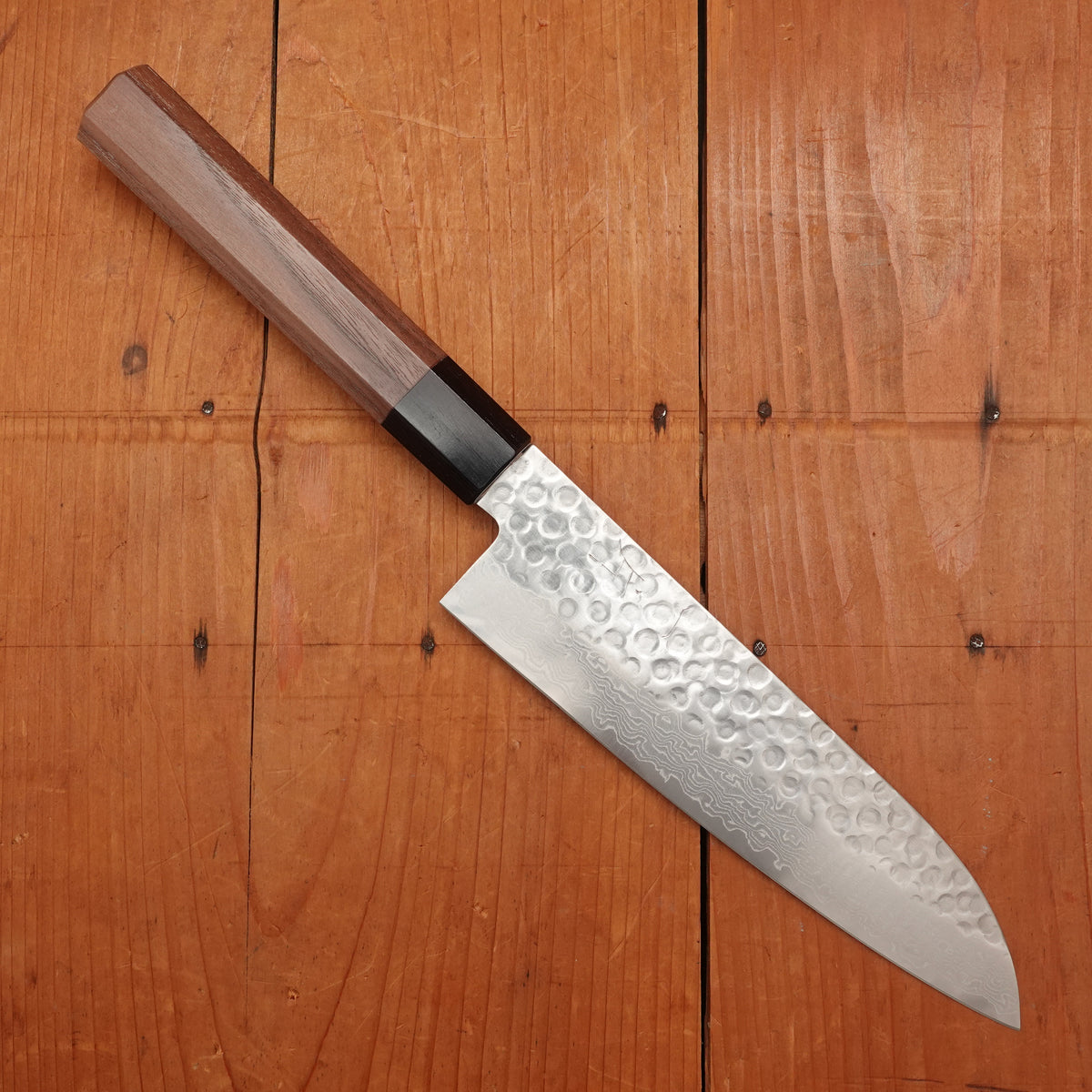 Hitohira HG 185mm Santoku Stainless Tsuchime Damascus Walnut Handle