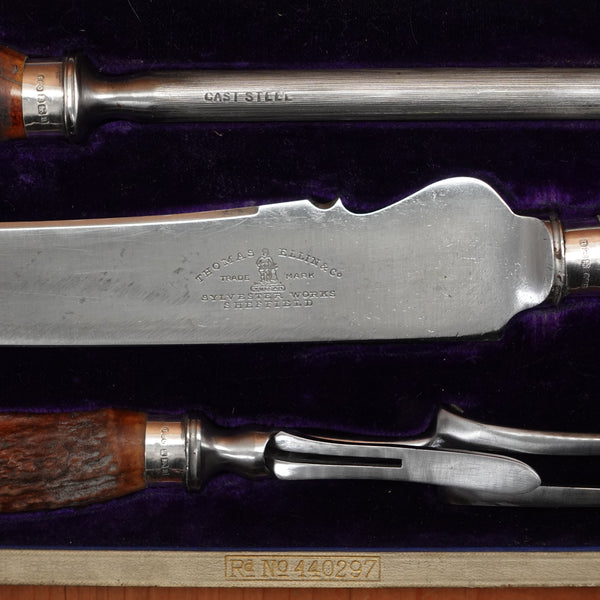 Thomas Ellin & Co Vulcan Carving Set Carbon Stag & Sterling Handles with Box Sylvester Works Sheffield, England 1912 - 3 Pieces