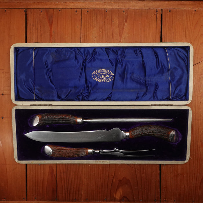 Thomas Ellin & Co Vulcan Carving Set Carbon Stag & Sterling Handles with Box Sylvester Works Sheffield, England 1912 - 3 Pieces