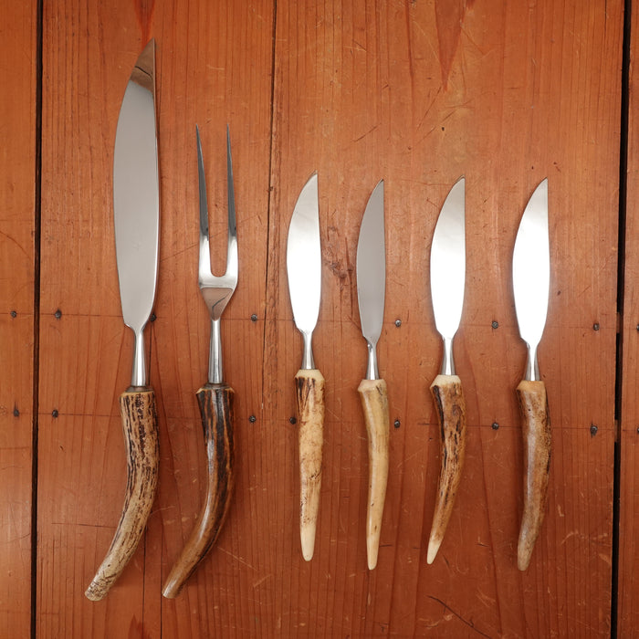 Anton Wingen Jr 6 Pc Carving & Steak Knife Set Stainless & Stag Solingen 1960s 70s