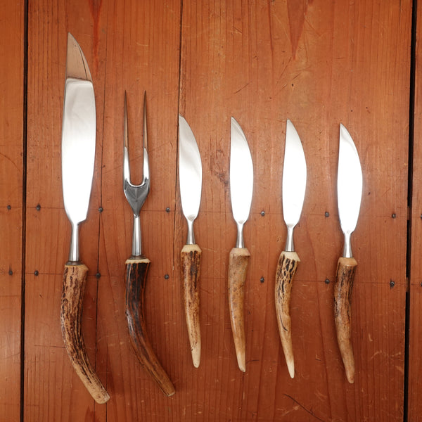 Anton Wingen Jr 6 Pc Carving & Steak Knife Set Stainless & Stag Solingen 1960s 70s