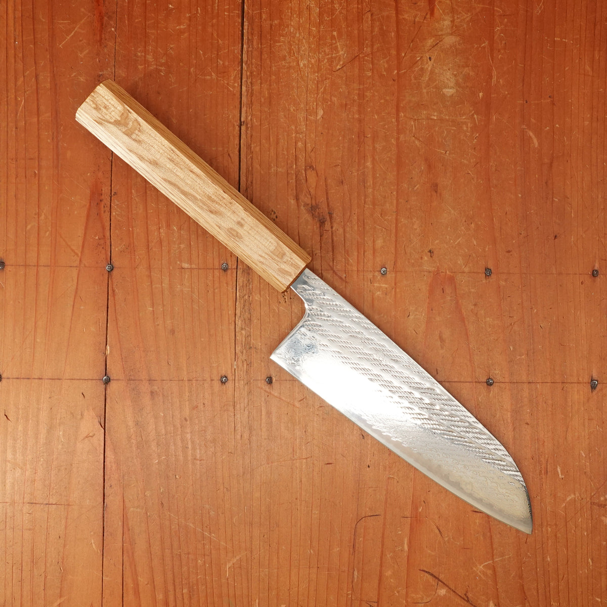 OUL 165mm Santoku AUS10 Nickel Damascus Nawame Oak Handle