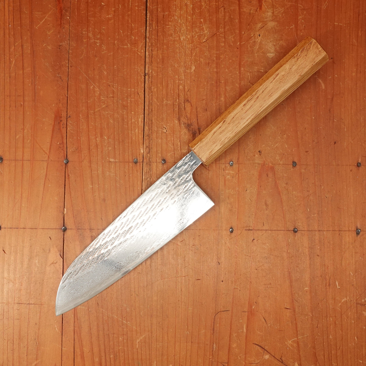 OUL 165mm Santoku AUS10 Nickel Damascus Nawame Oak Handle