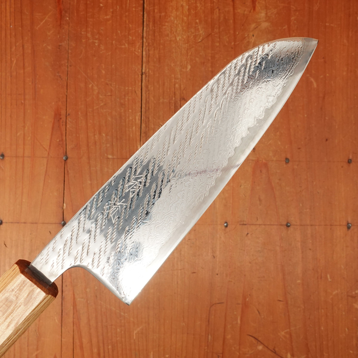 OUL 165mm Santoku AUS10 Nickel Damascus Nawame Oak Handle