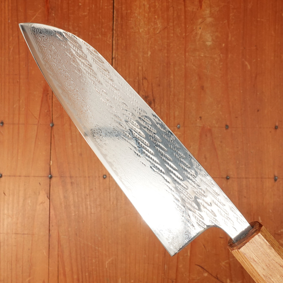 OUL 165mm Santoku AUS10 Nickel Damascus Nawame Oak Handle