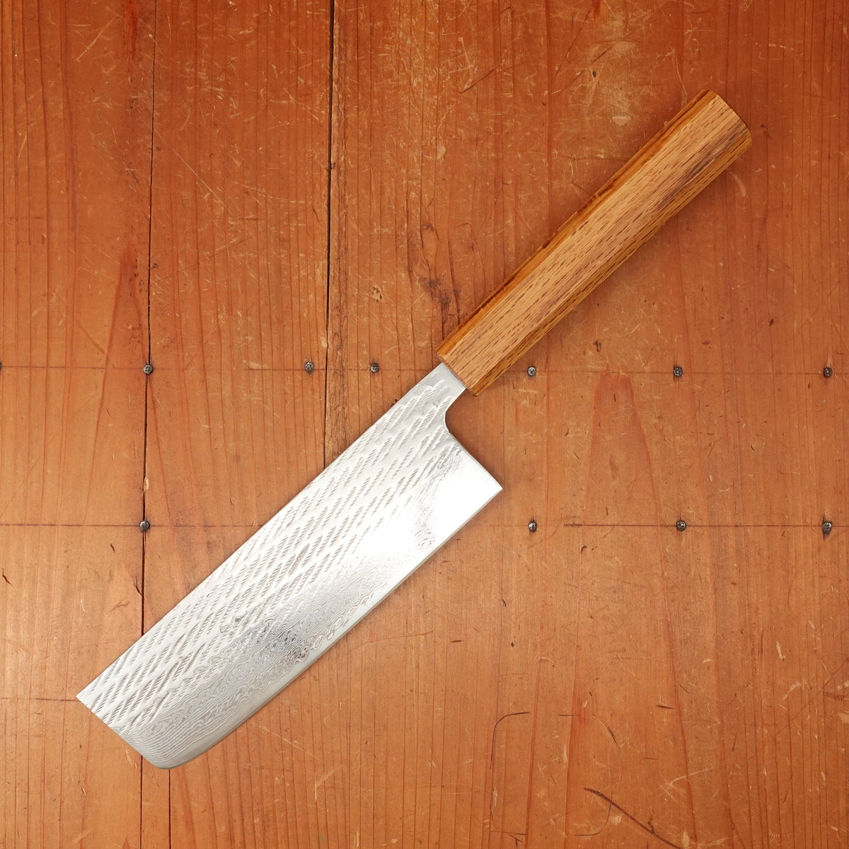 OUL 165mm Nakiri AUS10 Nickel Damascus Nawame Oak Handle