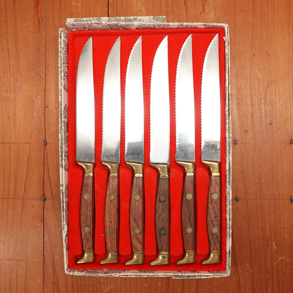 Rowoco set of 6 Steak Knives Stainless Brass Rosewood France 1960s 70s