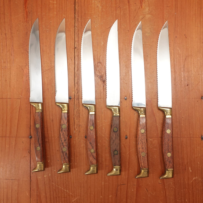 Rowoco set of 6 Steak Knives Stainless Brass Rosewood France 1960s 70s