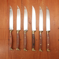 Rowoco set of 6 Steak Knives Stainless Brass Rosewood France 1960s 70s