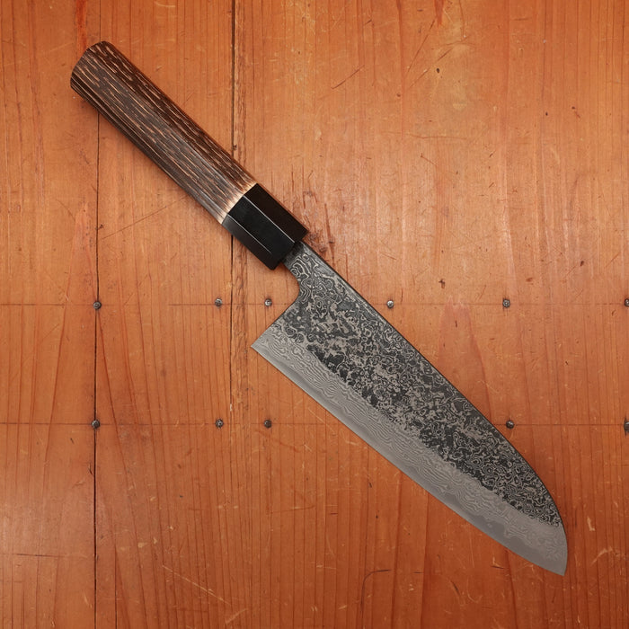 New Old Stock Yoshikane 180mm Wa-Santoku SLD Suminagashi Damascus with New Burnt Chestnut Handle