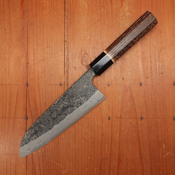 New Old Stock Yoshikane 180mm Wa-Santoku SLD Suminagashi Damascus with New Burnt Chestnut Handle