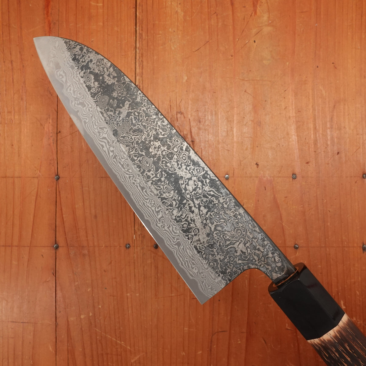 New Old Stock Yoshikane 180mm Wa-Santoku SLD Suminagashi Damascus with New Burnt Chestnut Handle