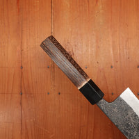 New Old Stock Yoshikane 180mm Wa-Santoku SLD Suminagashi Damascus with New Burnt Chestnut Handle