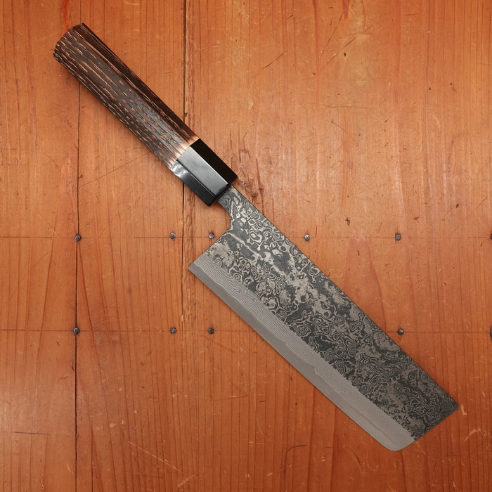 New Old Stock Yoshikane 165mm Wa-Nakiri SLD Suminagashi Damascus with New Burnt Chestnut Handle