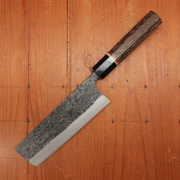 New Old Stock Yoshikane 165mm Wa-Nakiri SLD Suminagashi Damascus with New Burnt Chestnut Handle