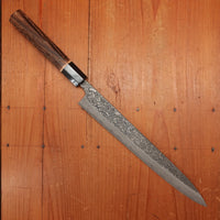New Old Stock Yoshikane 240mm Sujihiki SLD Suminagashi Blade New Burnt Chestnut Handle