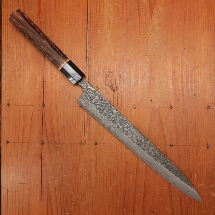 New Old Stock Yoshikane 240mm Sujihiki SLD Suminagashi Blade New Burnt Chestnut Handle