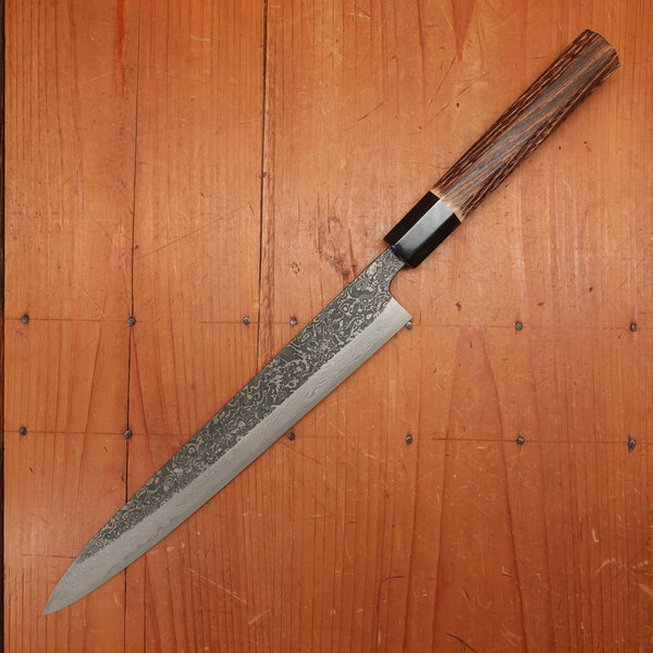 New Old Stock Yoshikane 240mm Sujihiki SLD Suminagashi Blade New Burnt Chestnut Handle