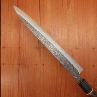 New Old Stock Yoshikane 240mm Sujihiki SLD Suminagashi Blade New Burnt Chestnut Handle