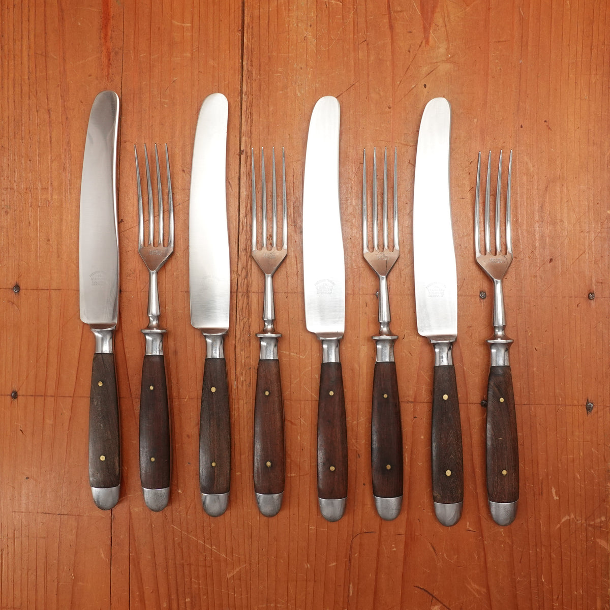 Firestone Trading Co 4pc Forged Table Knife & Fork Set Stainless & Walnut Solingen ~1950s