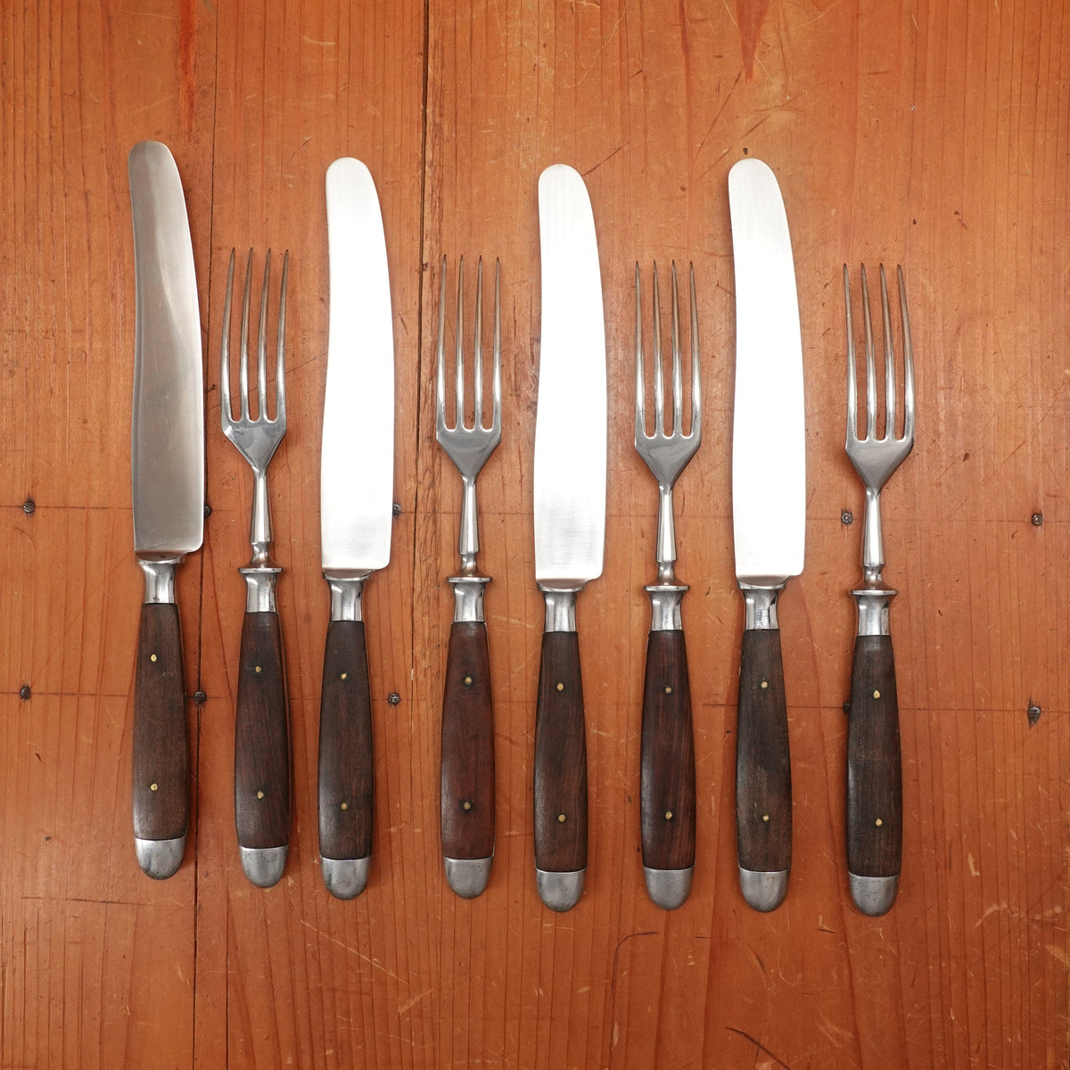 Firestone Trading Co 4pc Forged Table Knife & Fork Set Stainless & Walnut Solingen ~1950s