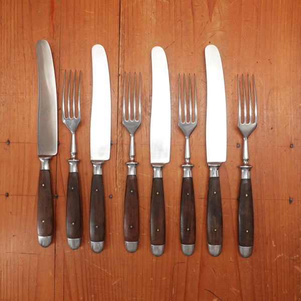 Firestone Trading Co 4pc Forged Table Knife & Fork Set Stainless & Walnut Solingen ~1950s