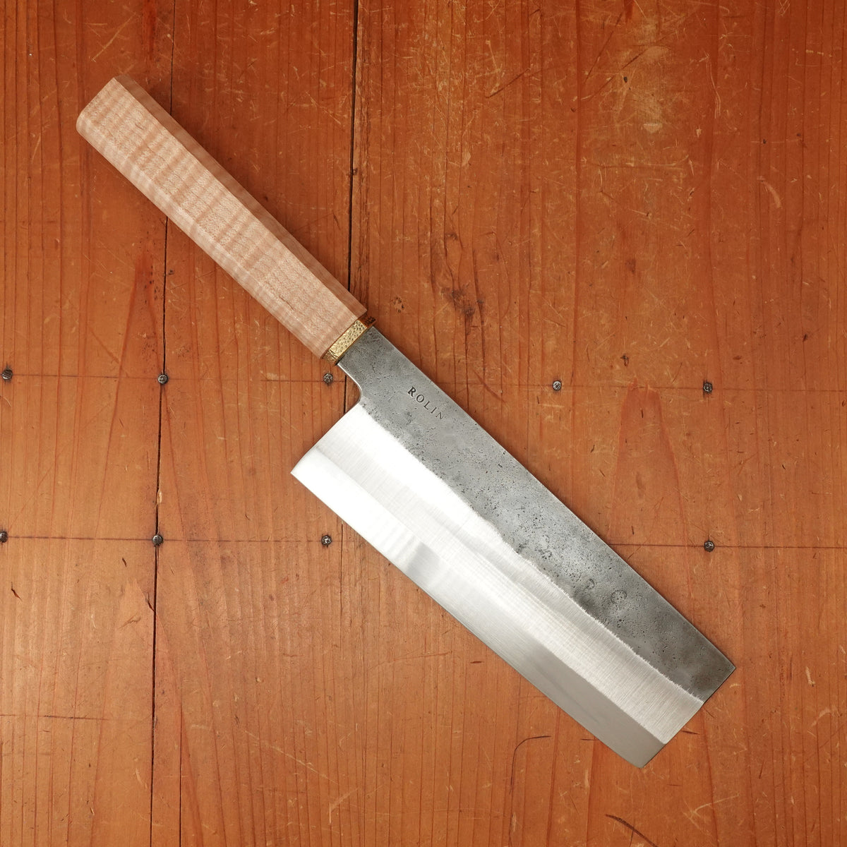 Rolin Knives 165mm Nakiri Apex Ultra Stabilized Curly Maple and Brass with Saya
