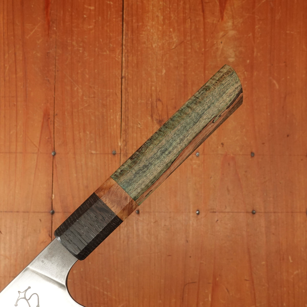 Trade In Running Man Forge 175mm Bunka W2 Honyaki Stabilized Maple & Wenge Handle