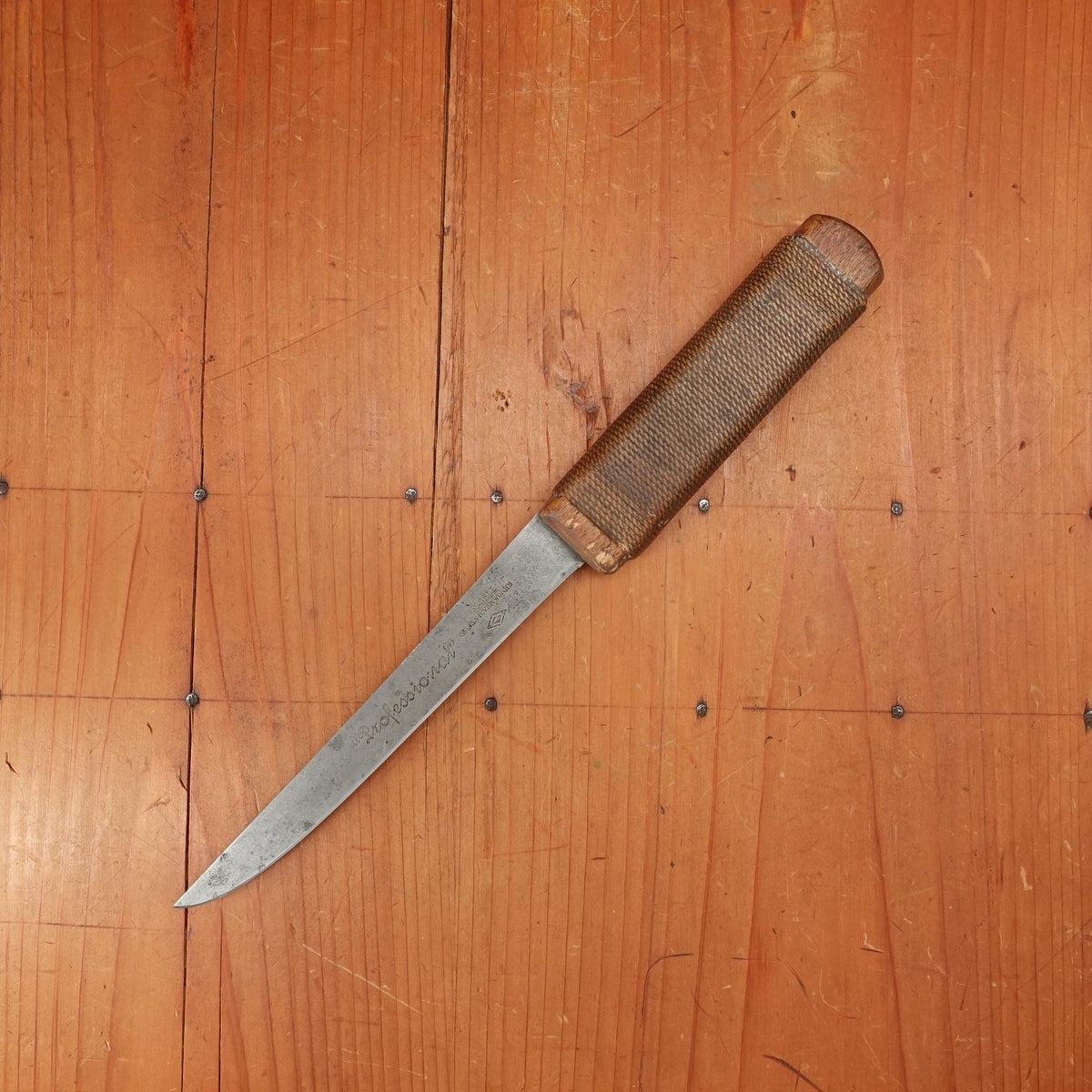 J Russell Green River Works "Professional" 6" Boning Knife Carbon Steel Twine Wrap 1920-30s