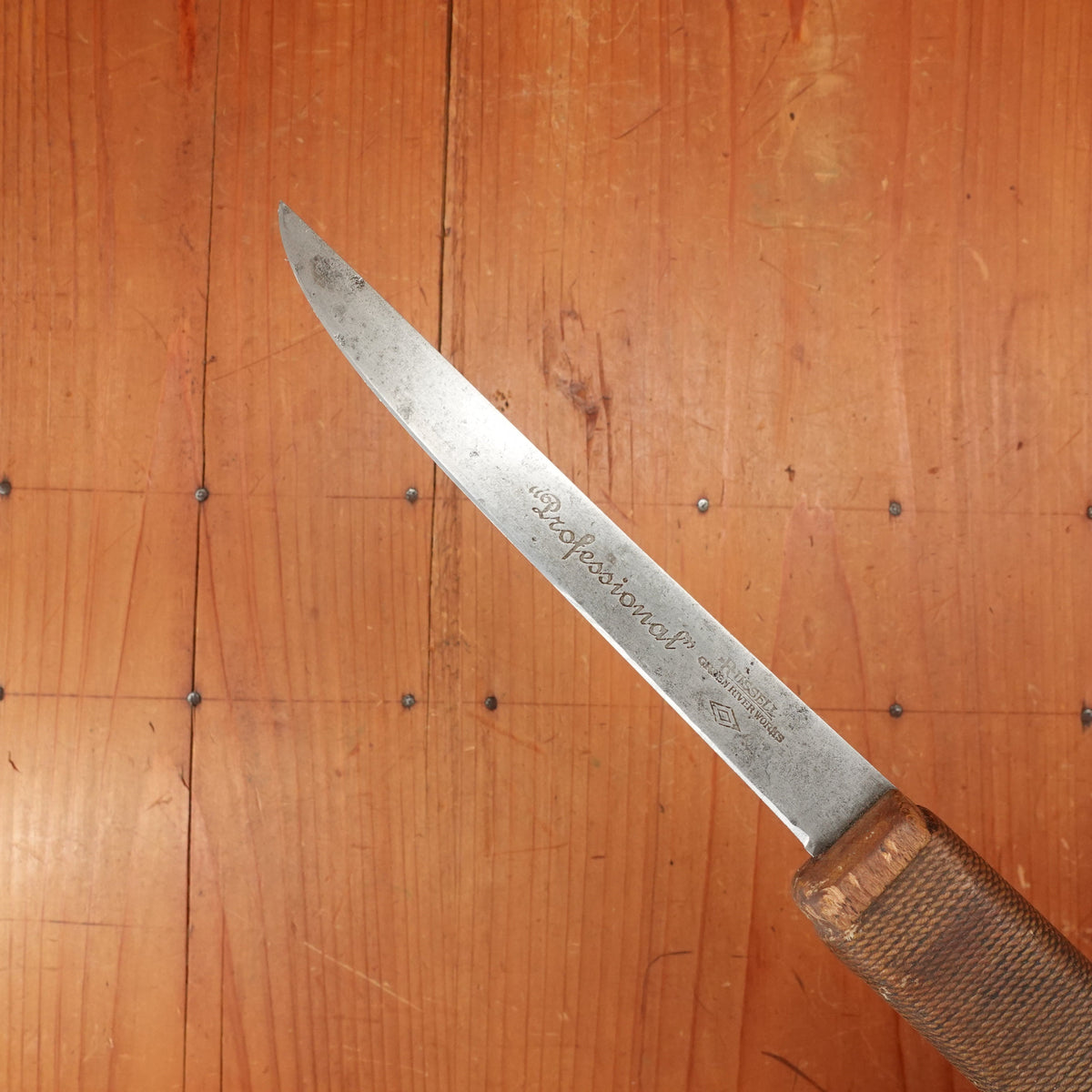 J Russell Green River Works "Professional" 6" Boning Knife Carbon Steel Twine Wrap 1920-30s