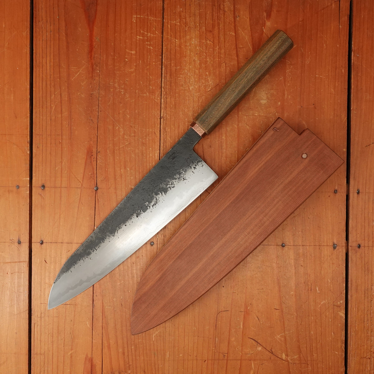 Rolin Knives 225mm Gyuto W2 / 15N20 / Mild Steel Gomai Textured Lignum Vitae Copper Ferrule W Cedar Saya