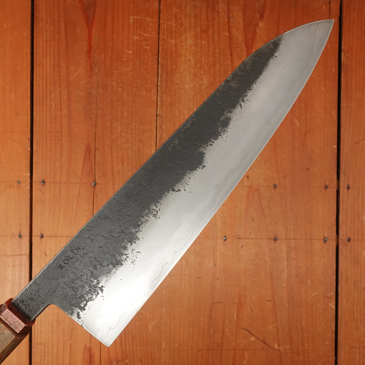 Rolin Knives 225mm Gyuto W2 / 15N20 / Mild Steel Gomai Textured Lignum Vitae Copper Ferrule W Cedar Saya