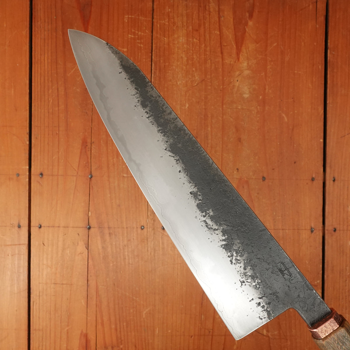 Rolin Knives 225mm Gyuto W2 / 15N20 / Mild Steel Gomai Textured Lignum Vitae Copper Ferrule W Cedar Saya