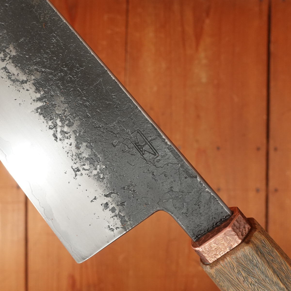 Rolin Knives 225mm Gyuto W2 / 15N20 / Mild Steel Gomai Textured Lignum Vitae Copper Ferrule W Cedar Saya