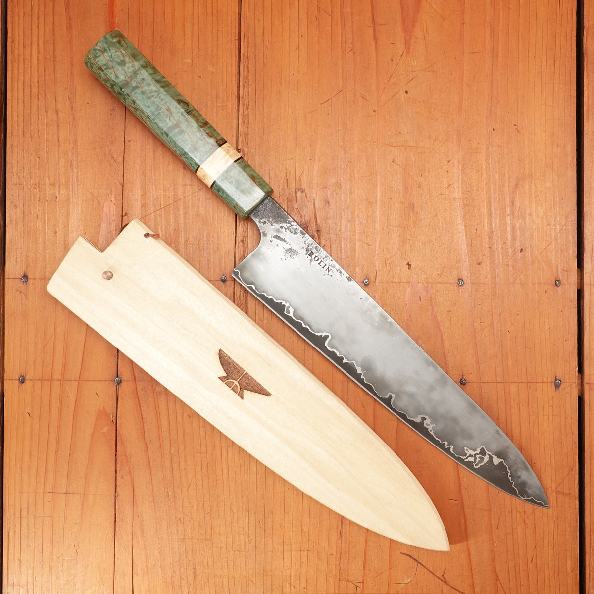 Rolin Knives GoMai 230mm Gyuto Lohman Carbon Green Karelian Birch with Saya